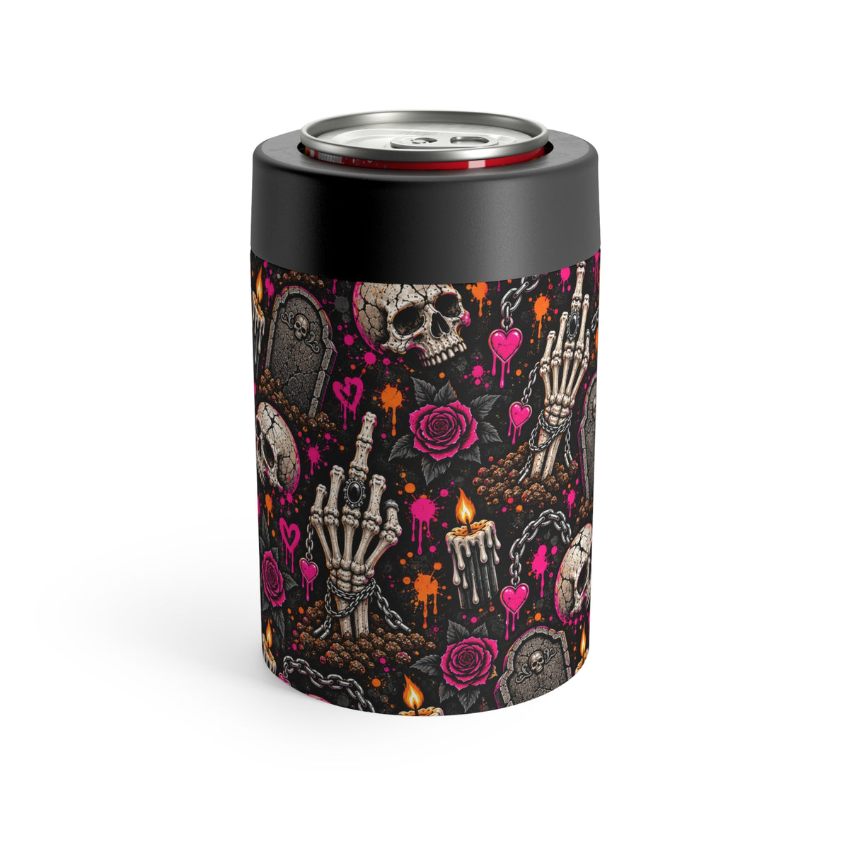 Dirt & Defiance Pattern 12oz Insulated Stainless Steel Koozie | Gothic Skull & Floral Can Holder by Subbin4Sanity