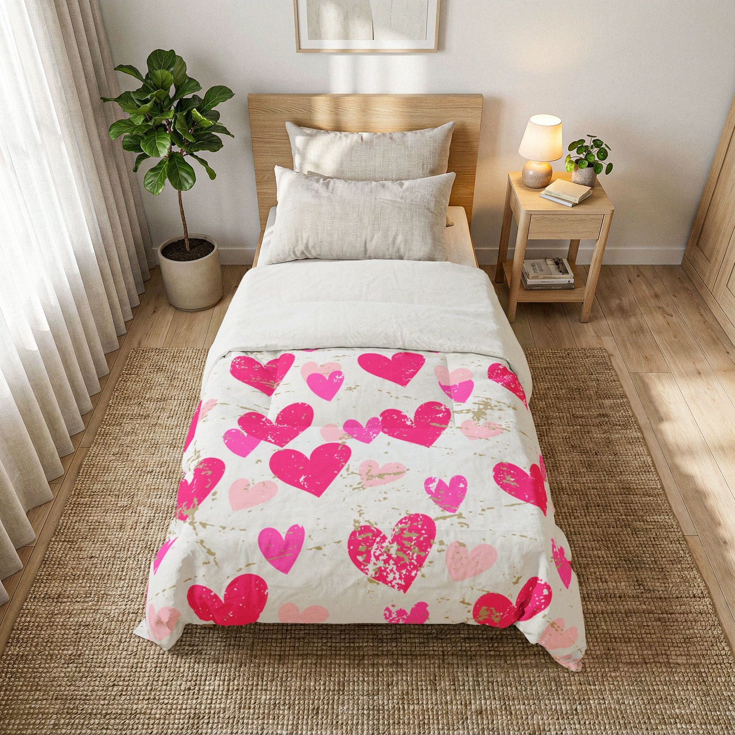 Love Worn Cozy Comforter Blanket | Distressed Heart Print Cotton Comforter – Pink Love Pattern Bedding by Subbin4Sanity