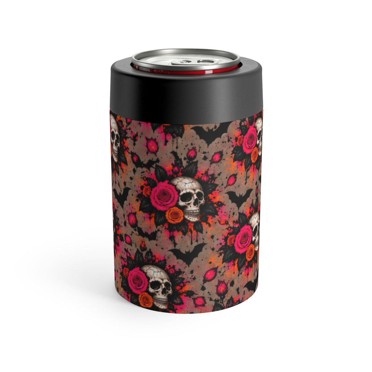 Deadly Blooms Pattern 12oz Insulated Stainless Steel Koozie | Gothic Floral Skull Can Holder by Subbin4Sanity