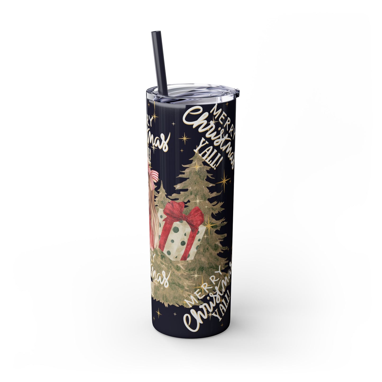 Christmas Skinny Tumbler with Straw, 20oz, "Merry Christmas Yall/I'm a gift"