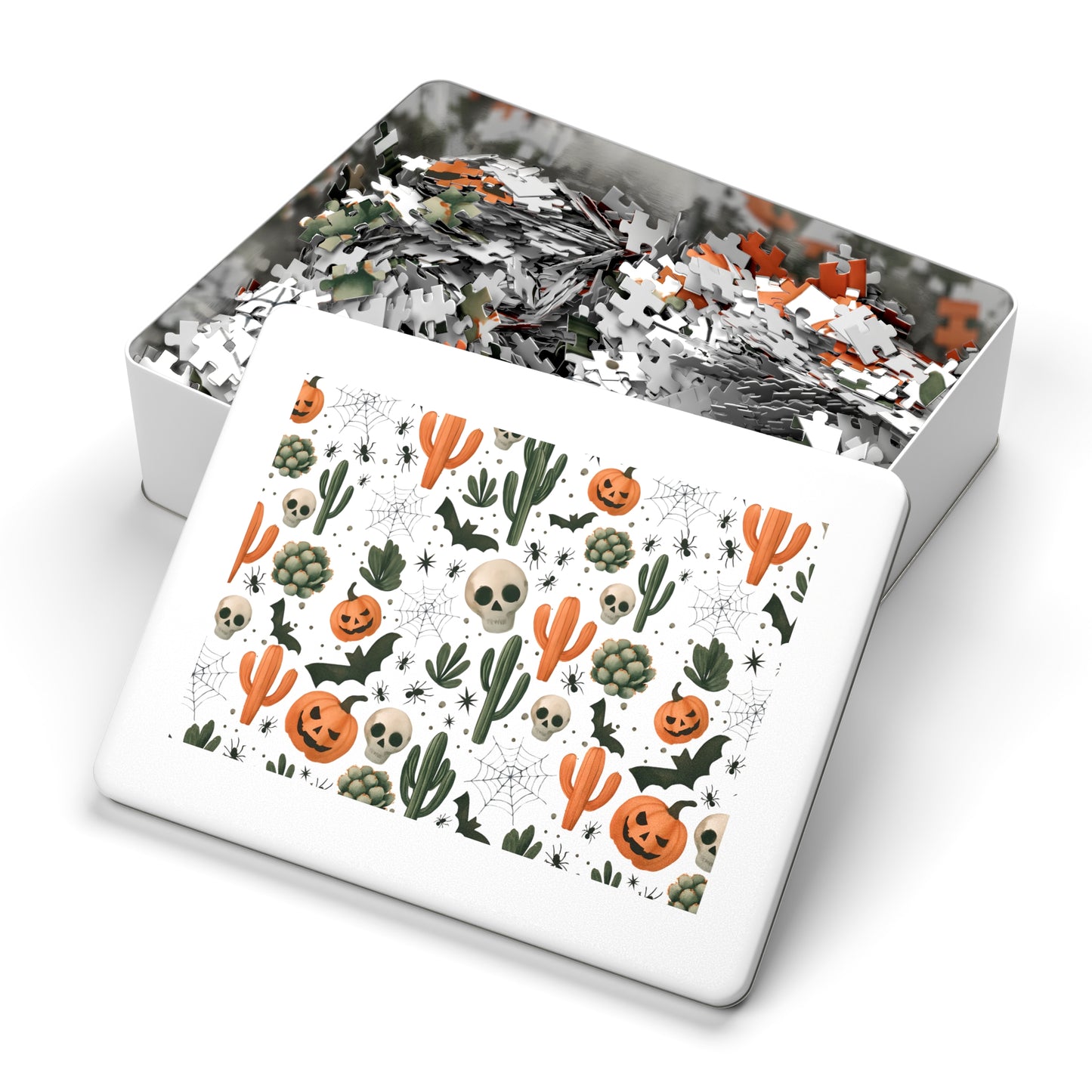 Halloween Puzzle with Tin Box with cactus, bats, spiders, webs, skulls & pumpkins