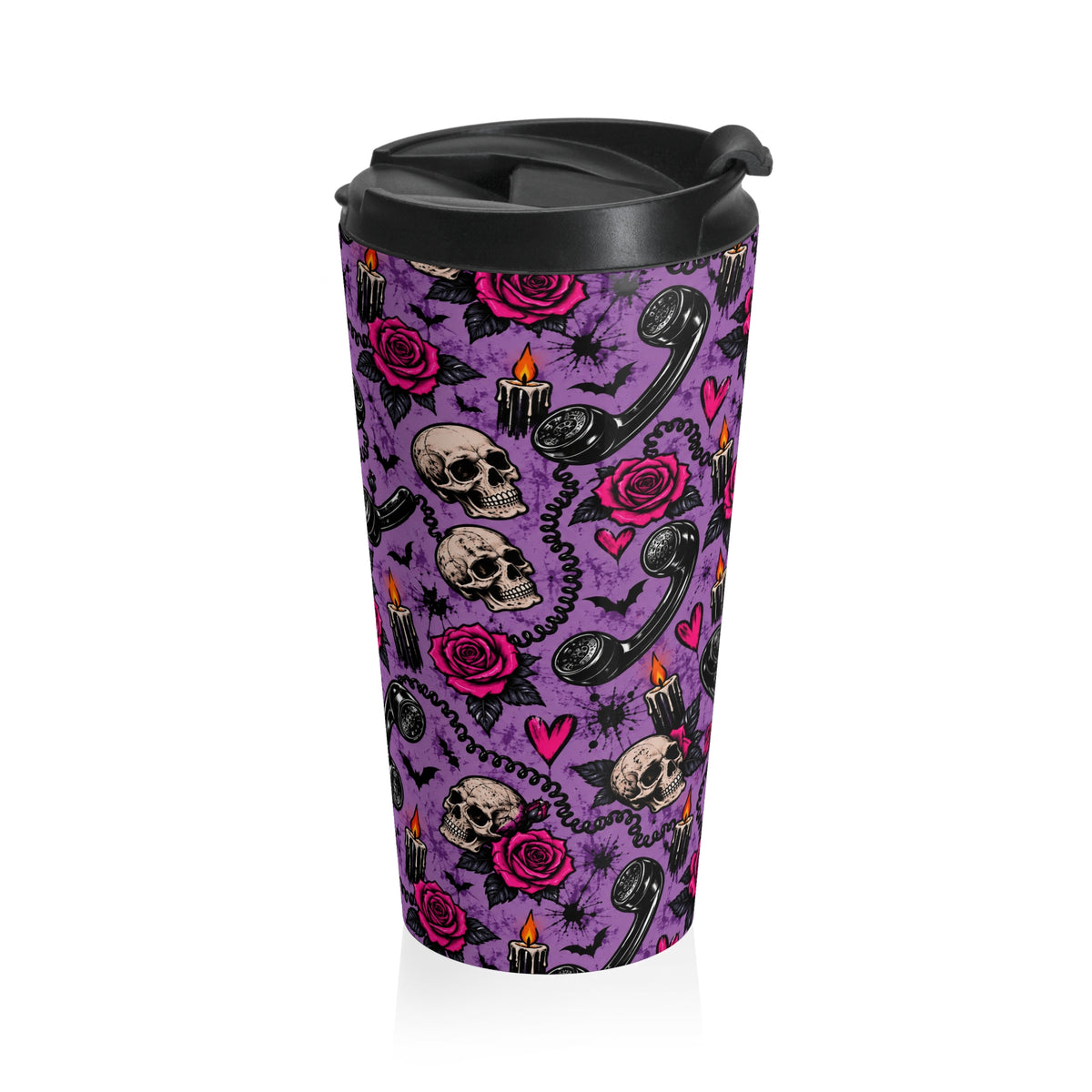 Karma’s Calling 15oz Stainless-Steel Coffee Mug | Gothic Phone & Skull Travel Mug by Subbin4Sanity