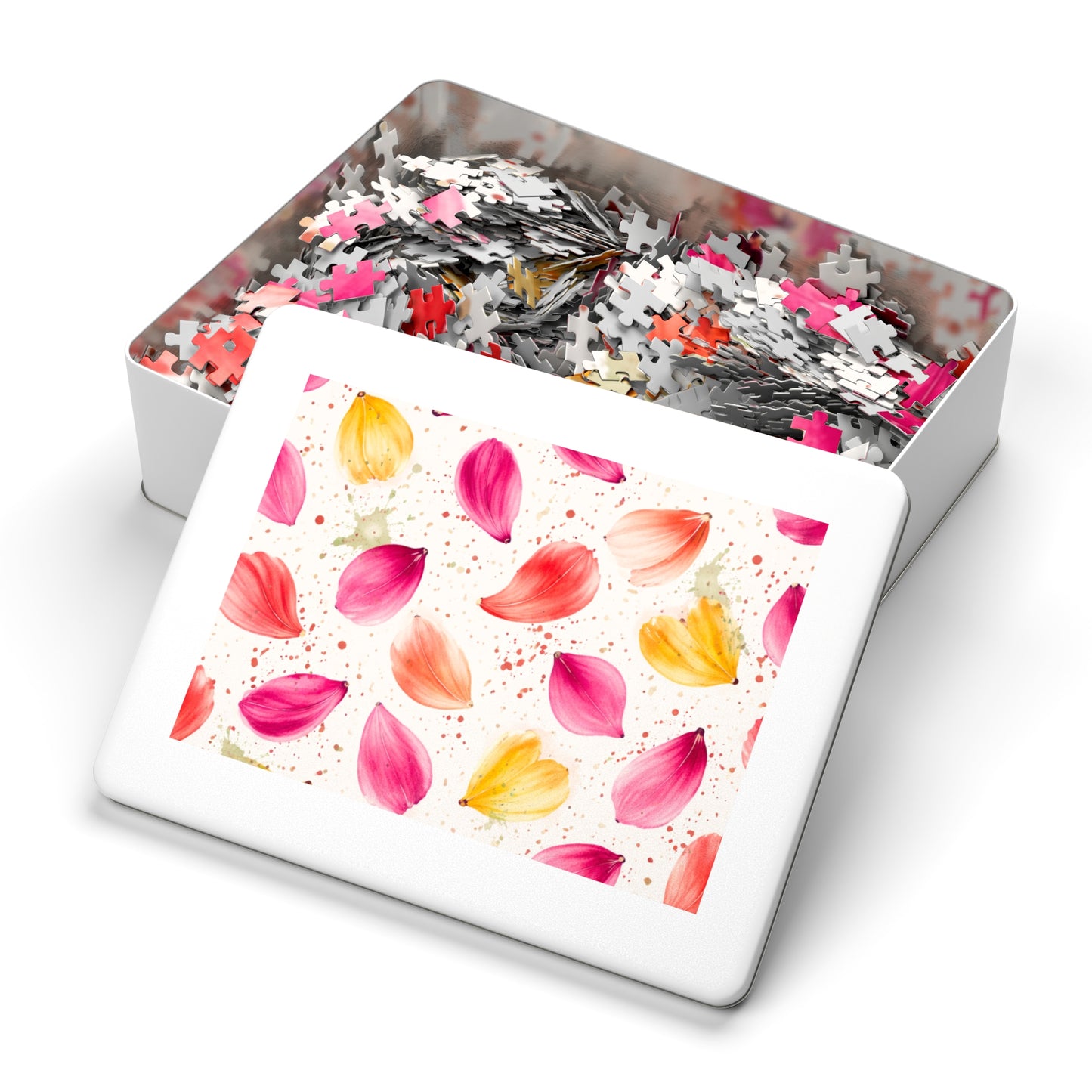 Watercolor Spring Petals Pattern – Splatter Bloom Collection – Puzzle & Tin Storage Box