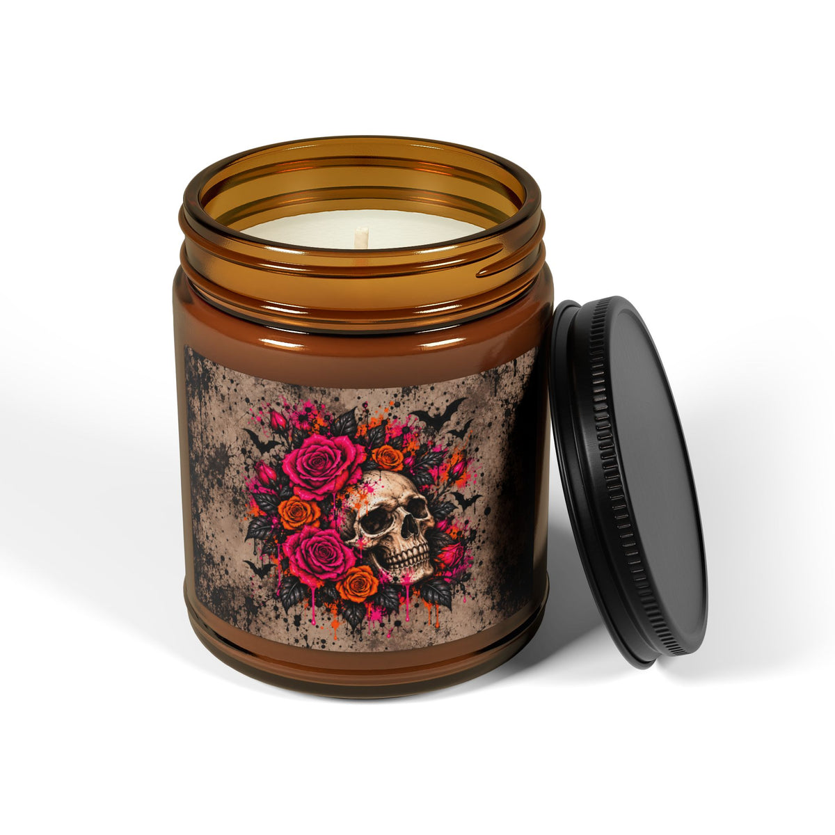 Deadly Blooms Scented Amber Jar Soy Candle | Gothic Floral Skull Home Decor Candle by Subbin4Sanity
