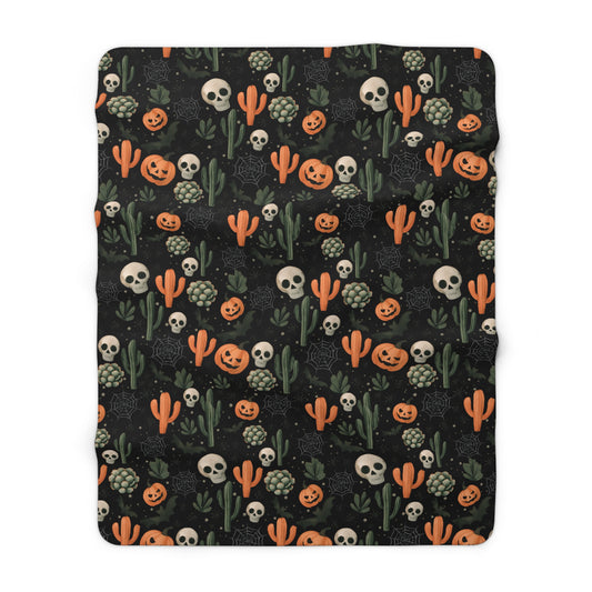 Black Boho Halloween Sherpa Fleece Blanket - Pumpkins, Spiders, Webs, Cactus, Cozy Fall Home Decor, Gothic Halloween Decor, Halloween