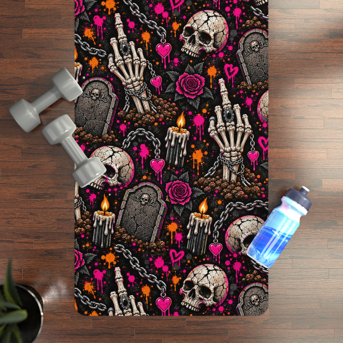 Dirt & Defiance Pattern Rubber Yoga Mat | Gothic Skull & Coffin Workout Mat by Subbin4Sanity