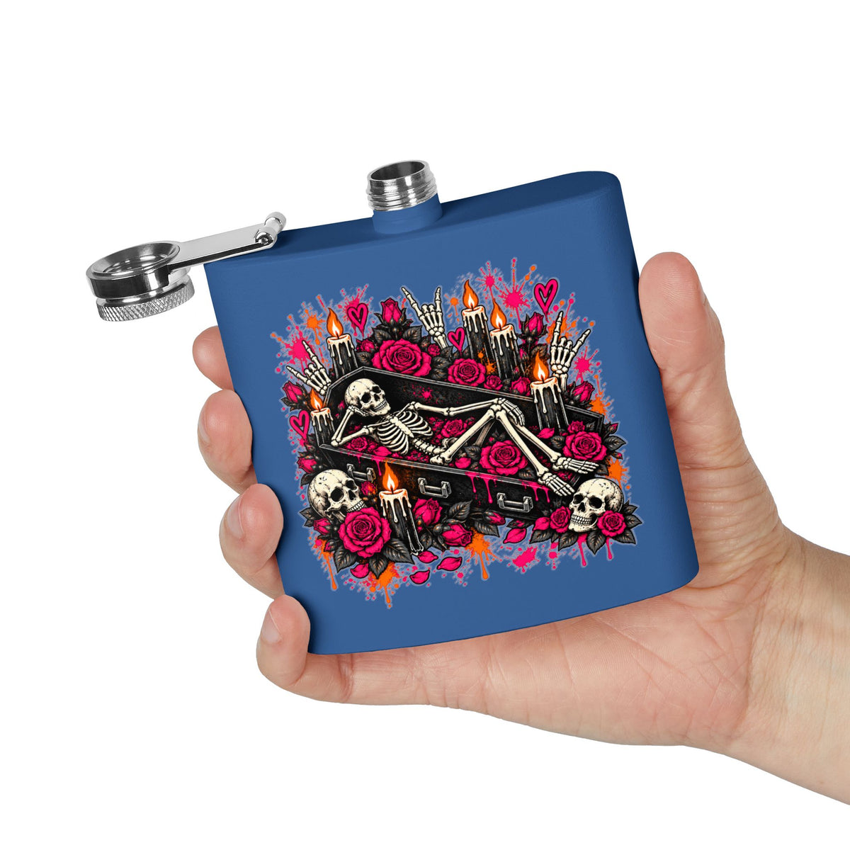 Dead & Unbothered 6oz Stainless Steel Flask | Gothic Skeleton Drinking Flask by Subbin4Sanity
