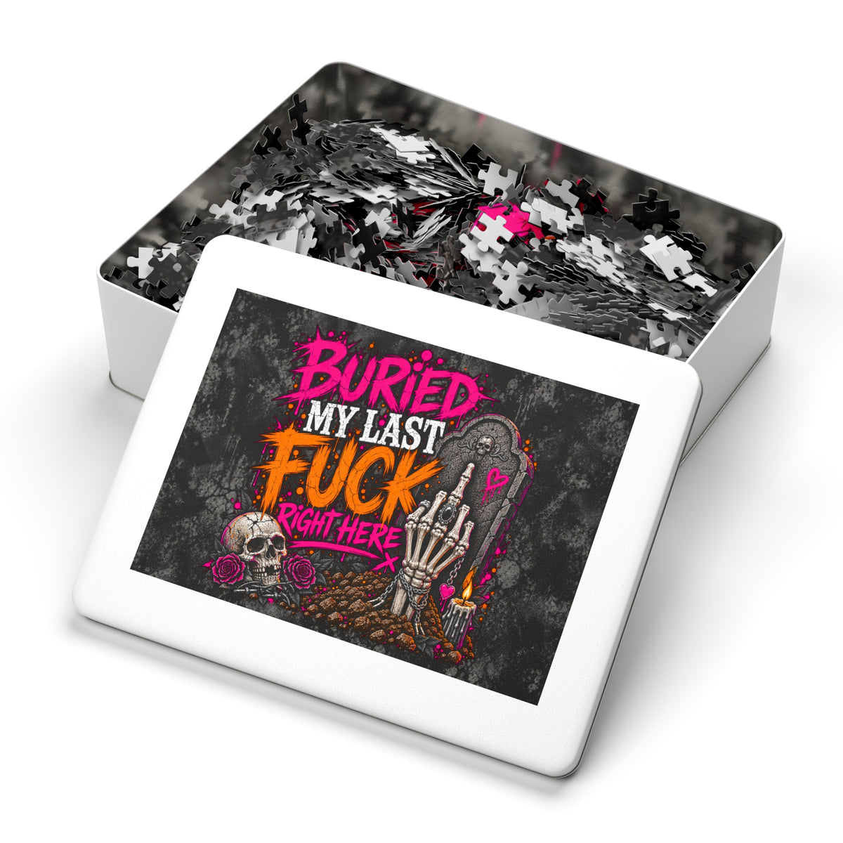 I Buried My Last Fuck Right Here Halloween Jigsaw Puzzle | Sarcastic Gothic Skull Puzzle by Subbin4Sanity