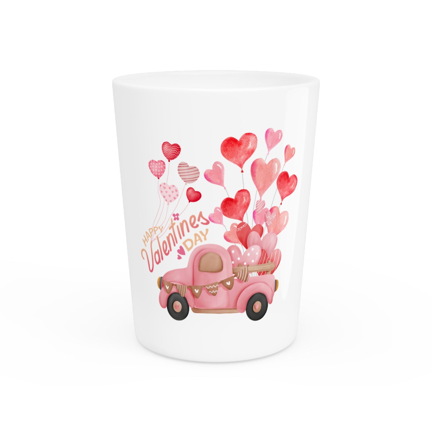 Valentines Shot Glass valentines truck with pink balloons "Happy Valentines Day"