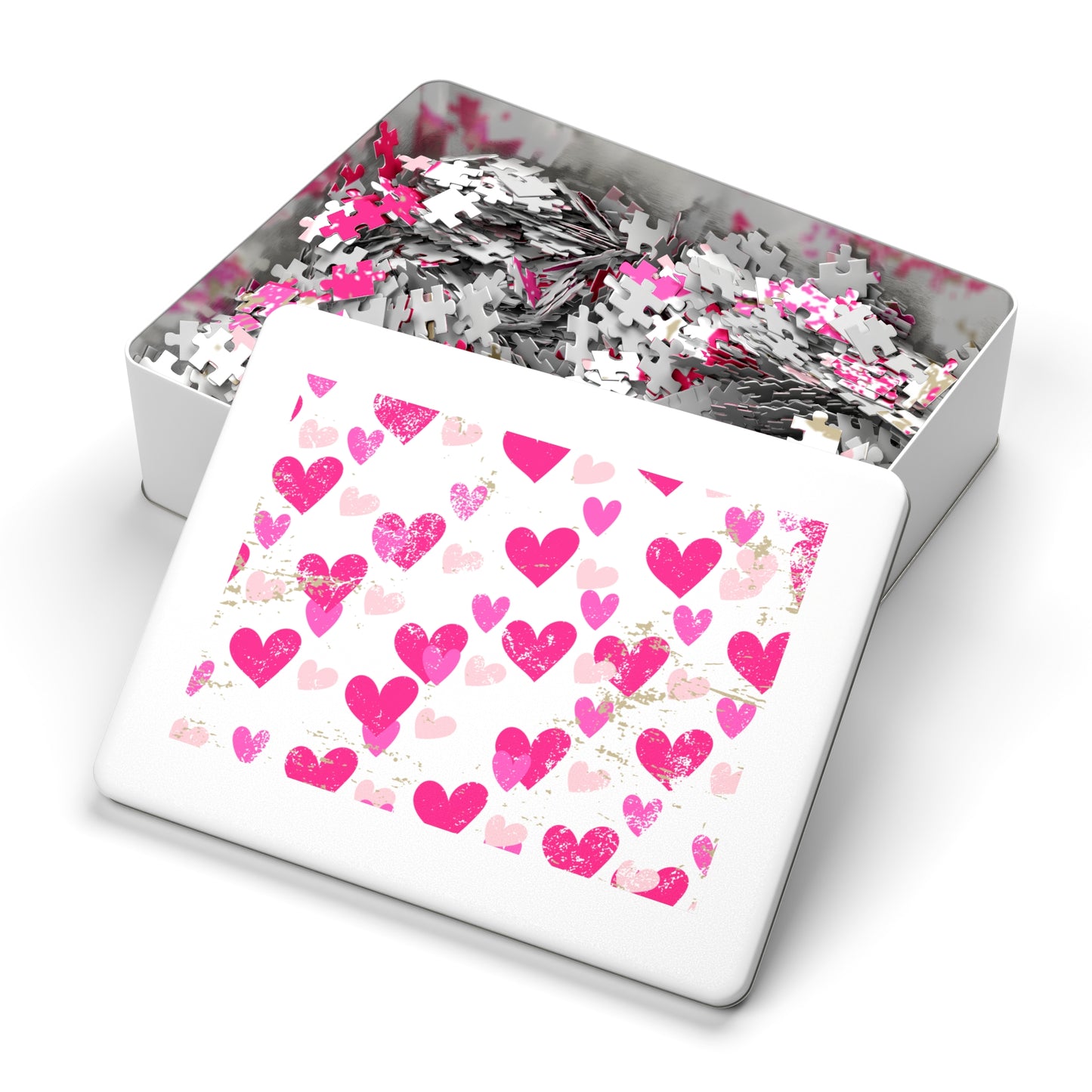 Heart Pattern Jigsaw Puzzle with Tin — Pink Hearts Valentine Puzzle Gift