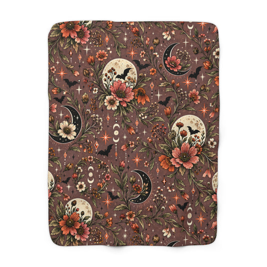 Midnight Wildflowers Sherpa Fleece Blanket | Boho Halloween Floral Throw by Subbin4Sanity