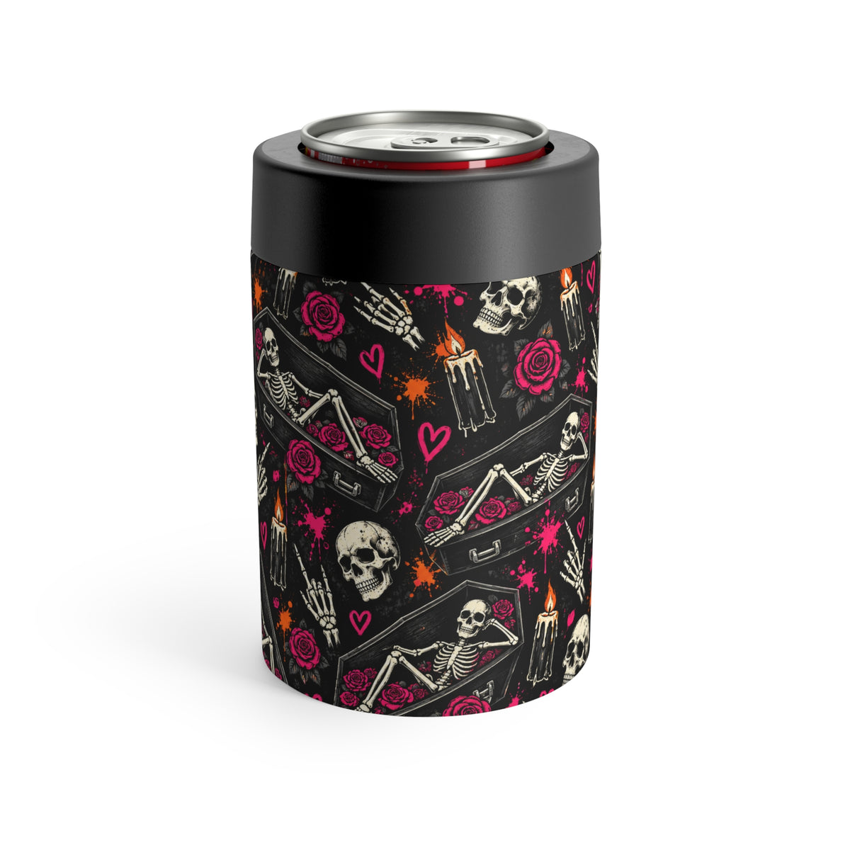 Dead & Unbothered Pattern 12oz Insulated Stainless Steel Koozie | Gothic Skeleton Can Holder by Subbin4Sanity
