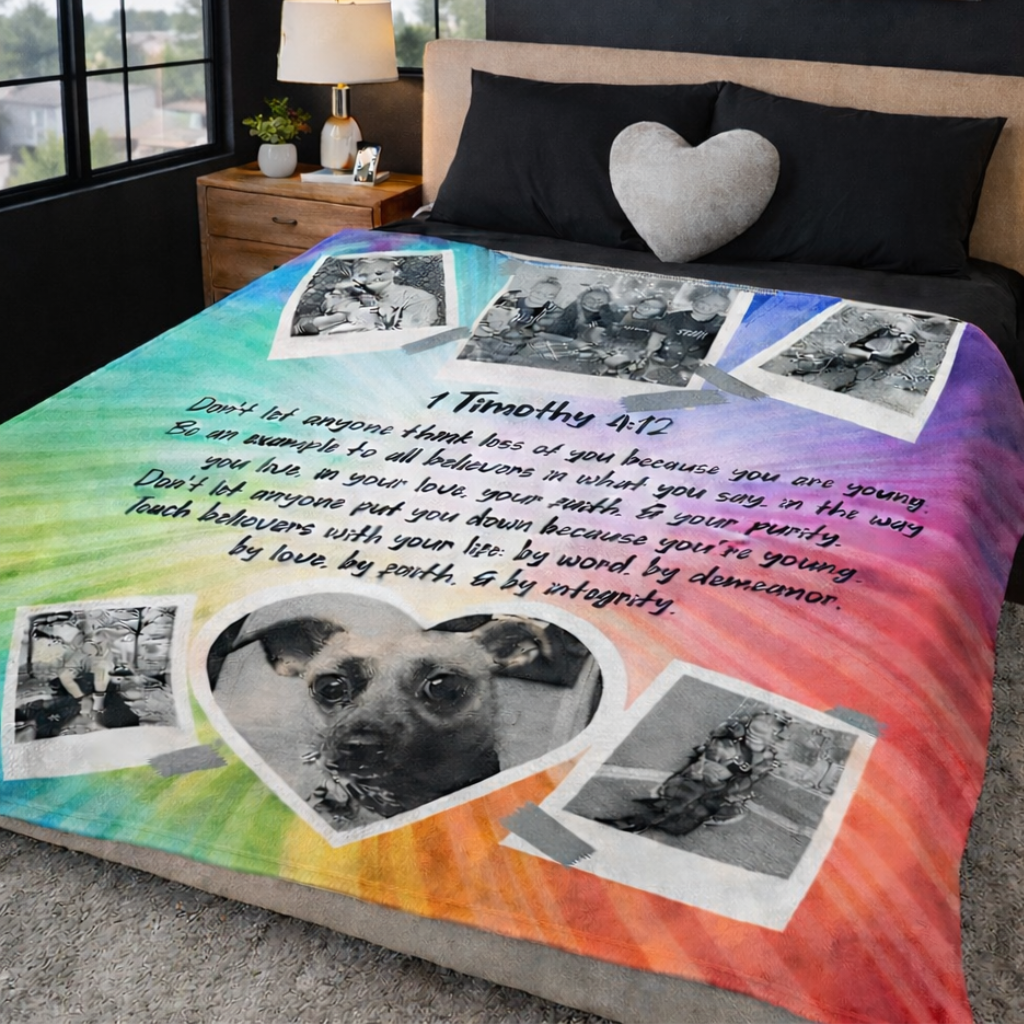 Custom In Memory Of sherpa fleece blanket with photo and Bible verse