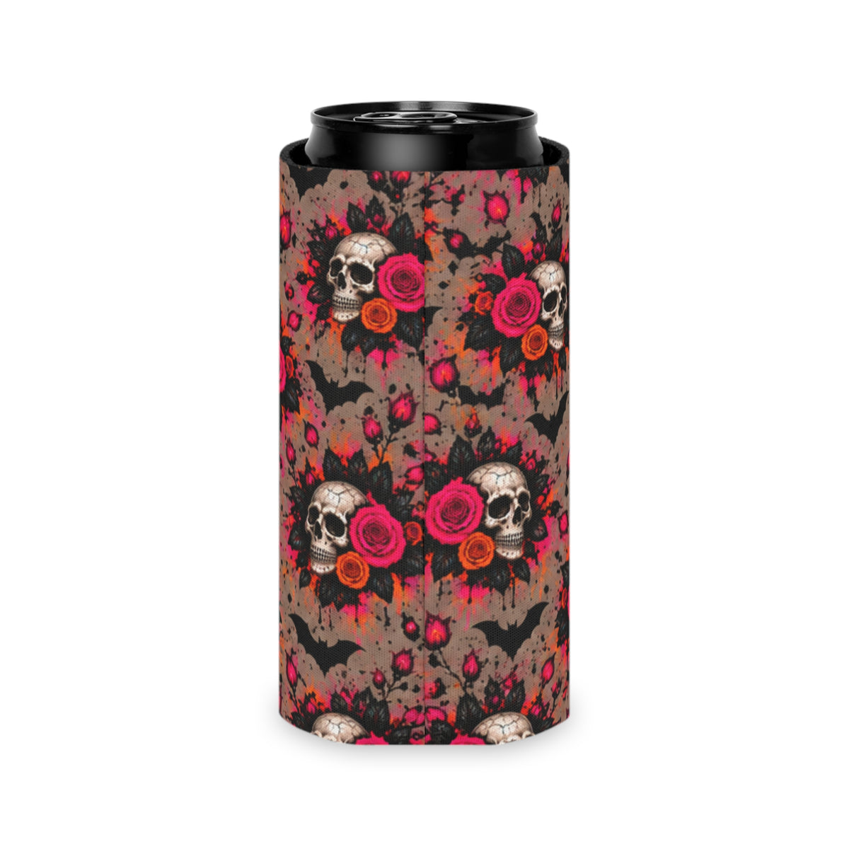 Deadly Blooms Pattern Foam Grip Koozie | Gothic Floral Skull Can Cooler by Subbin4Sanity