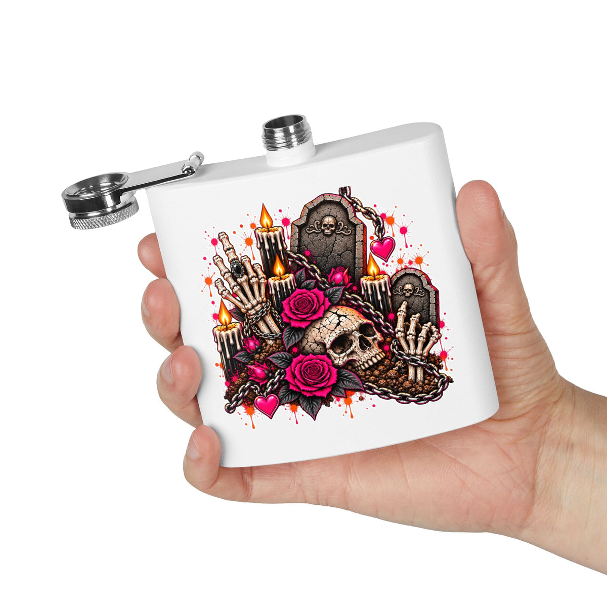 Dirt & Defiance 6oz Stainless Steel Flask | Gothic Coffin & Skull Drinking Flask by Subbin4Sanity