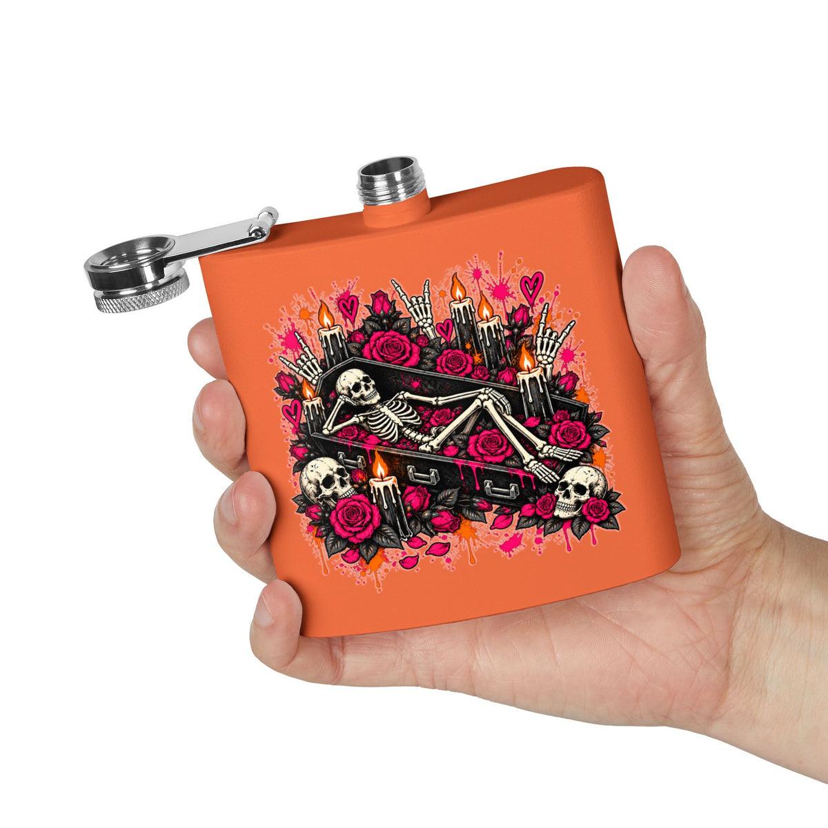 Dead & Unbothered 6oz Stainless Steel Flask | Gothic Skeleton Drinking Flask by Subbin4Sanity