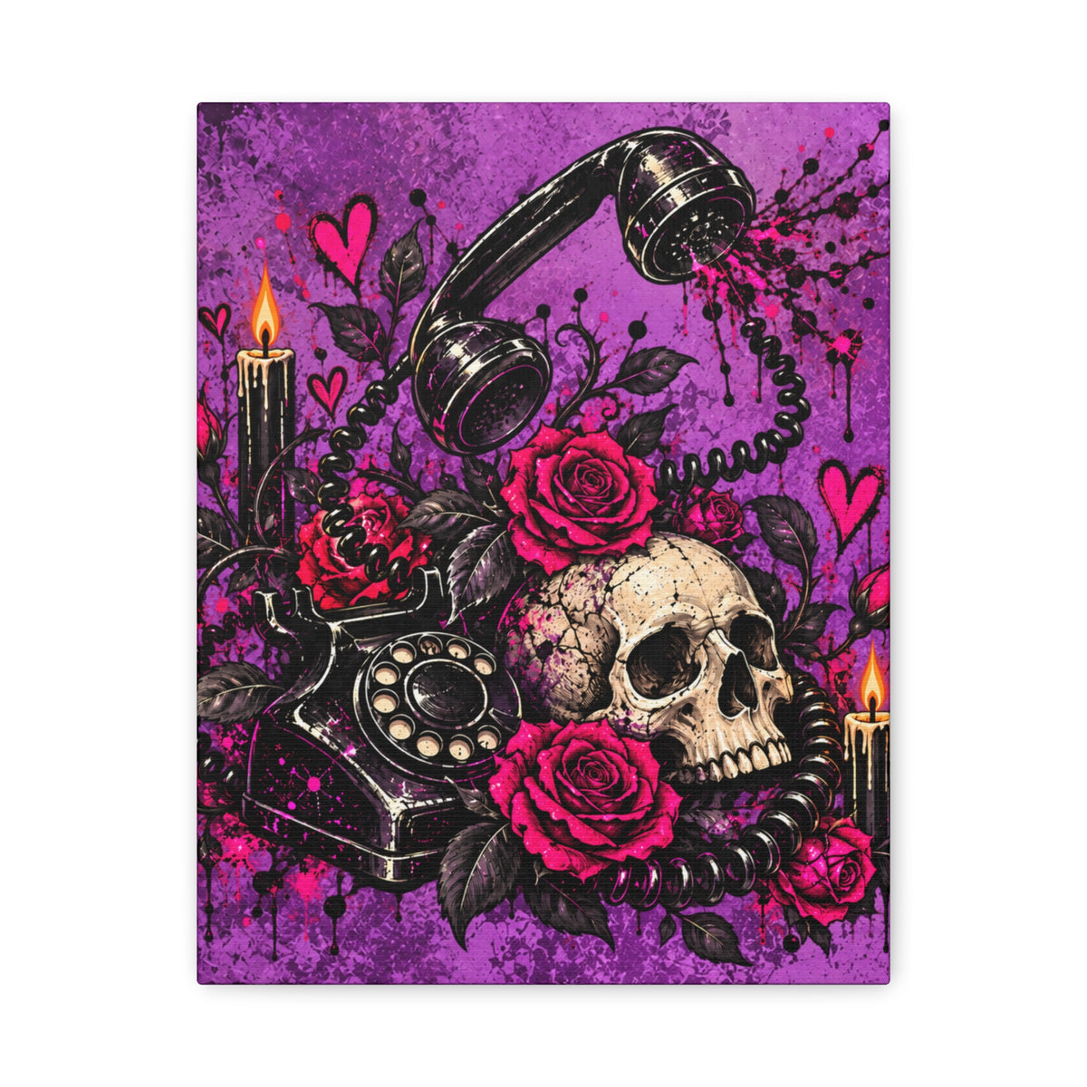 Karma’s Calling Halloween Canvas | Gothic Skull, Roses & Vintage Phone Wall Art by Subbin4Sanity