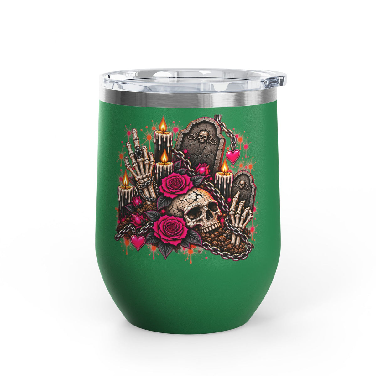 Dirt & Defiance 12oz Wine Tumbler | Gothic Skull & Coffin Stainless Steel Cup by Subbin4Sanity