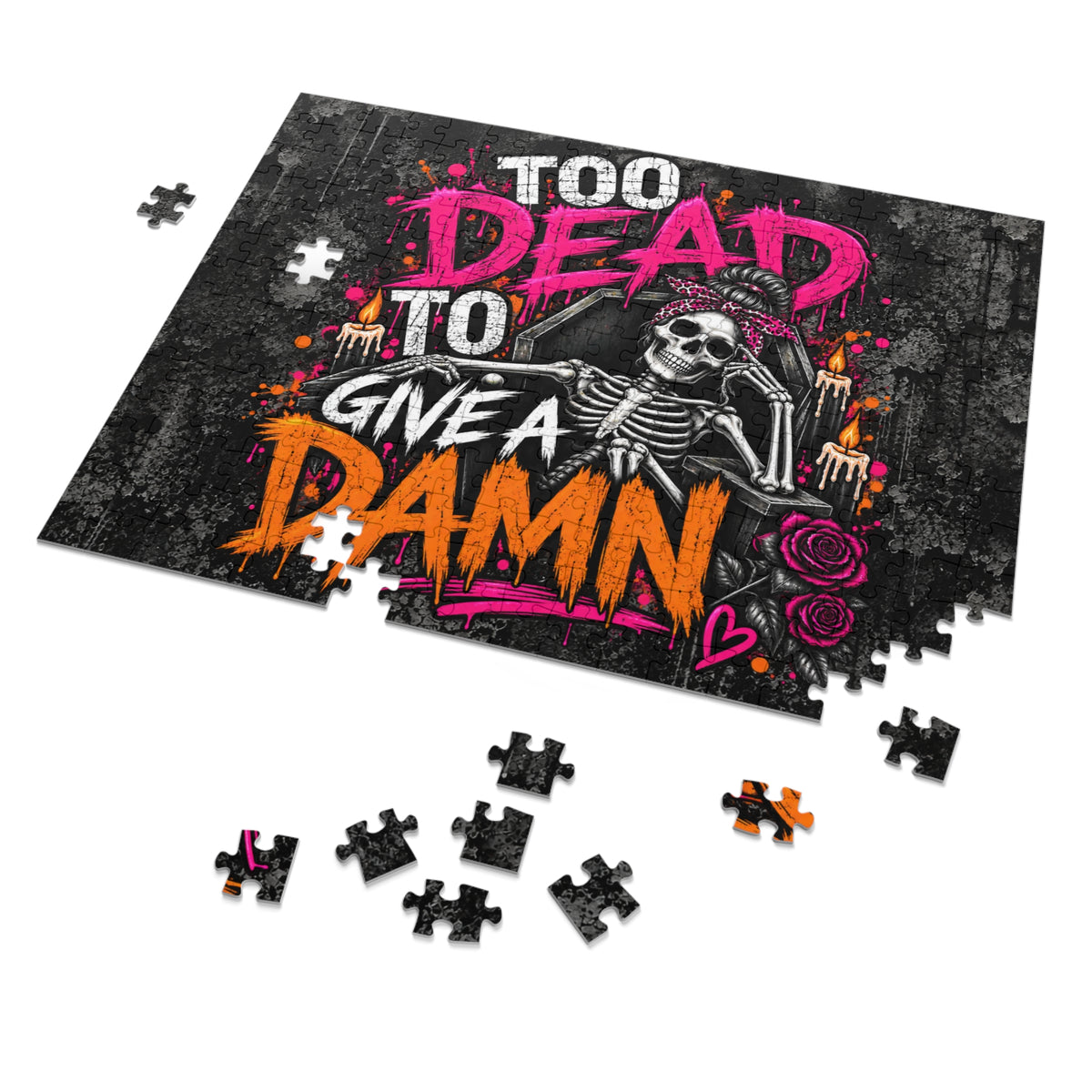 Too Dead To Give A Damn Halloween Jigsaw Puzzle | Sarcastic Gothic Skeleton Puzzle by Subbin4Sanity