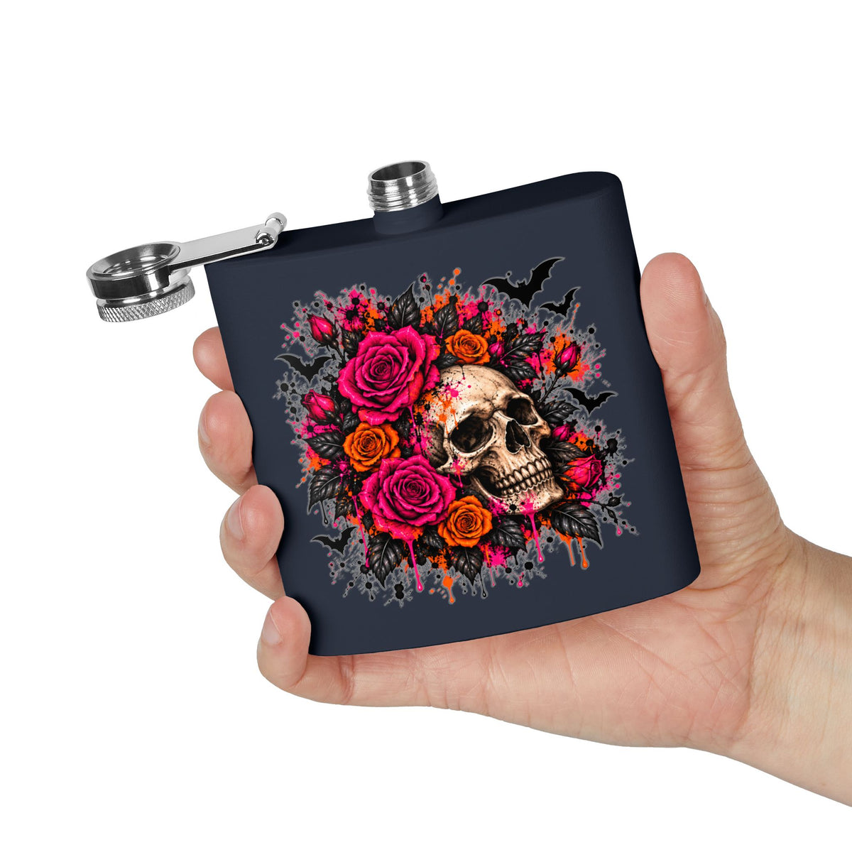 Deadly Blooms 6oz Stainless Steel Flask | Gothic Floral Skull Drinking Flask by Subbin4Sanity