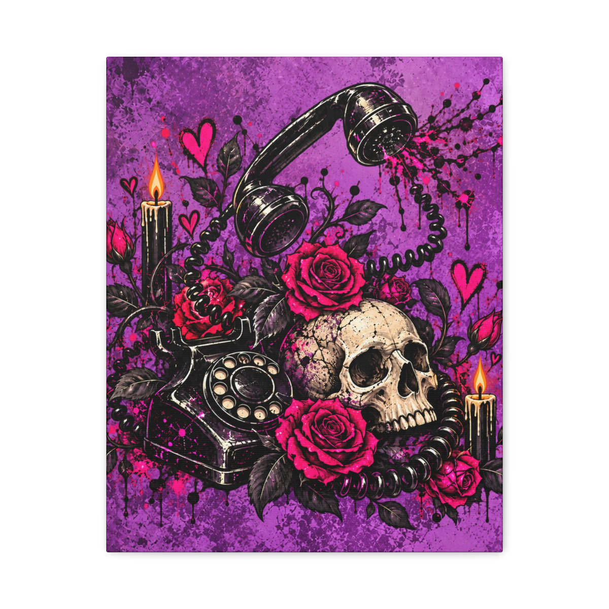 Karma’s Calling Halloween Canvas | Gothic Skull, Roses & Vintage Phone Wall Art by Subbin4Sanity