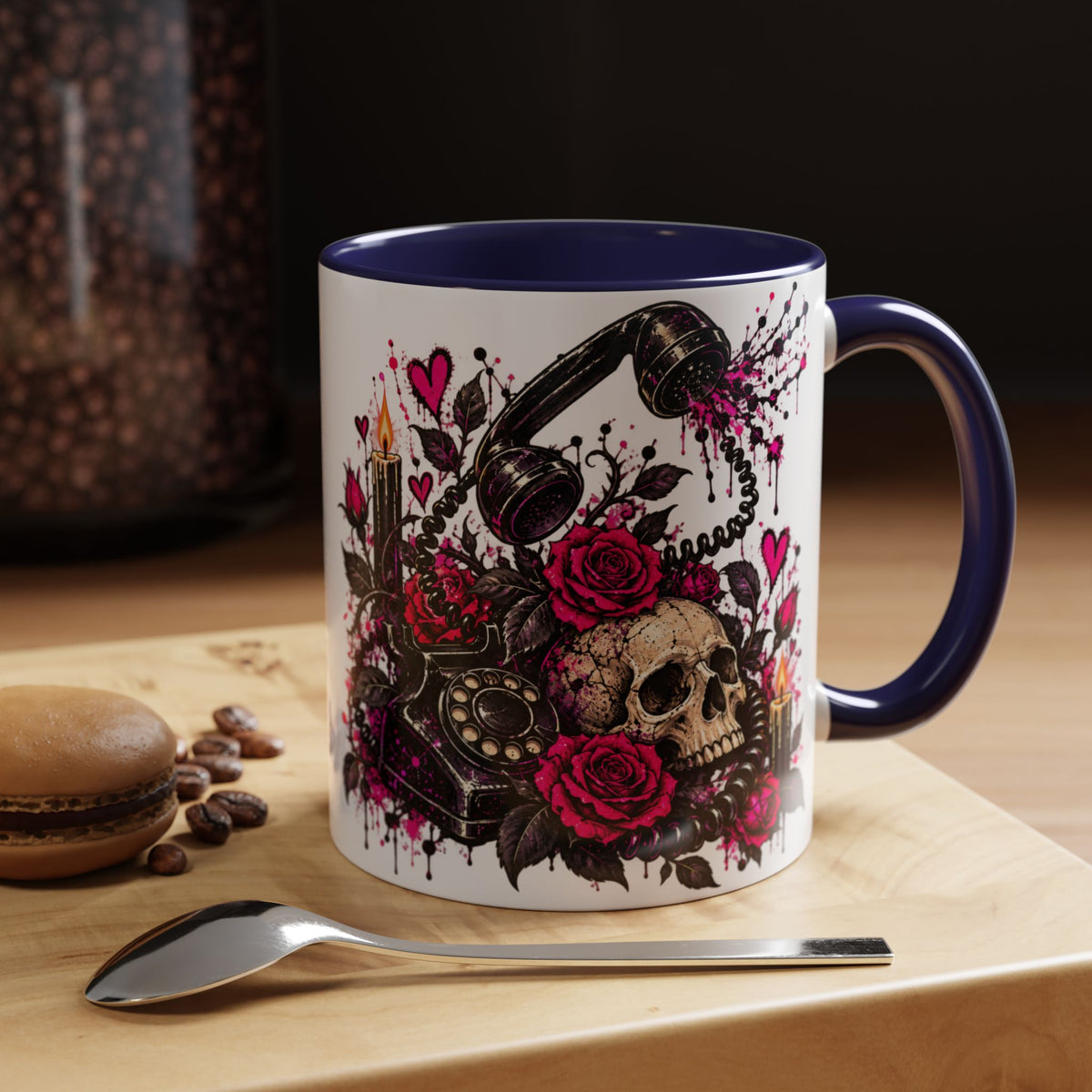 Karma’s Calling Coffee Mug | Gothic Skull & Telephone Ceramic Mug by Subbin4Sanity