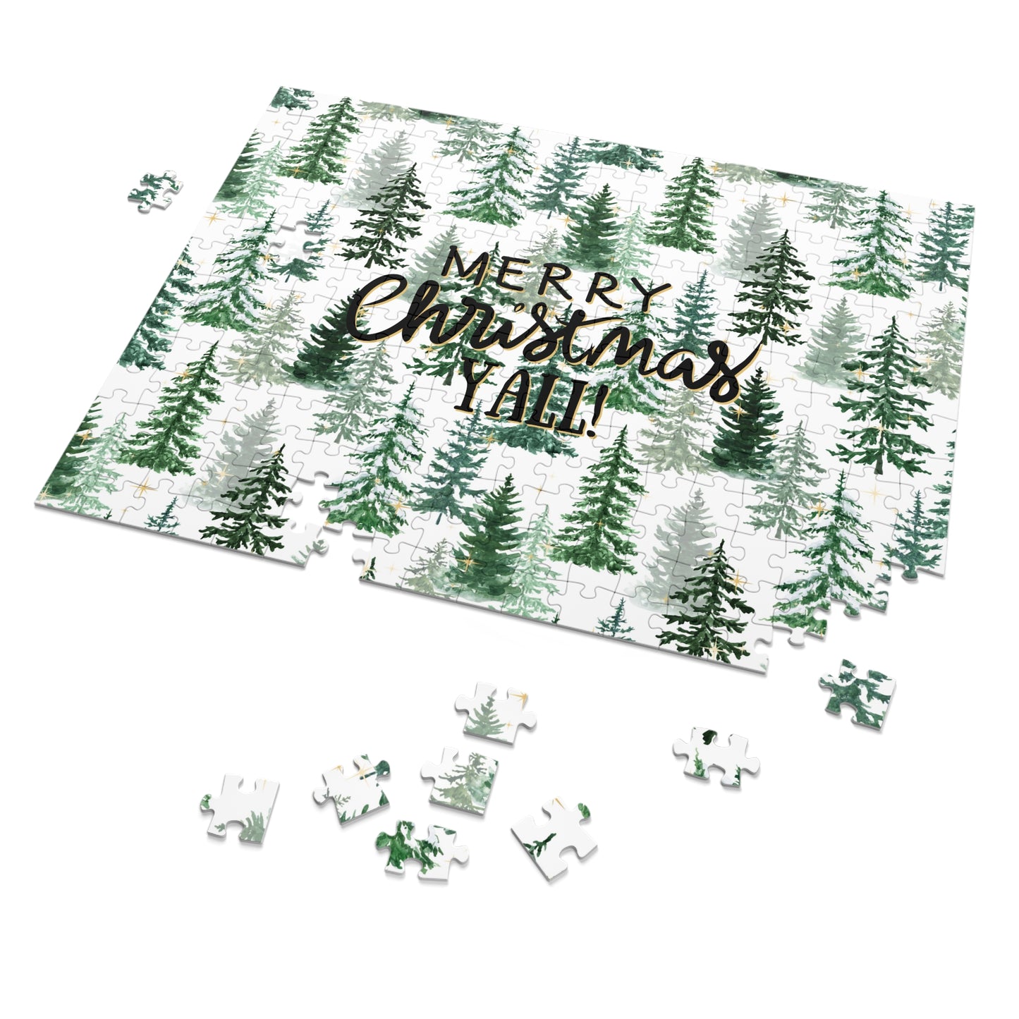 "Merry Christmas Yall!" Puzzle with Tin Box with Christmas Tree Background