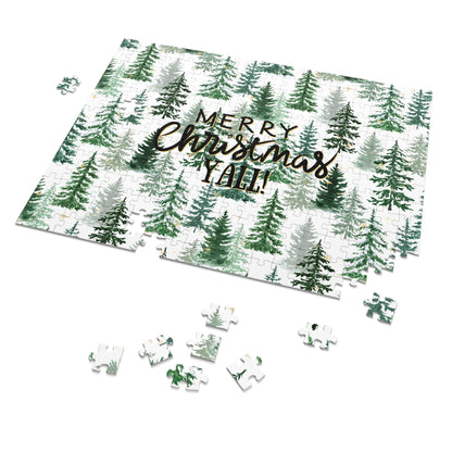 "Merry Christmas Yall!" Puzzle with Tin Box with Christmas Tree Background