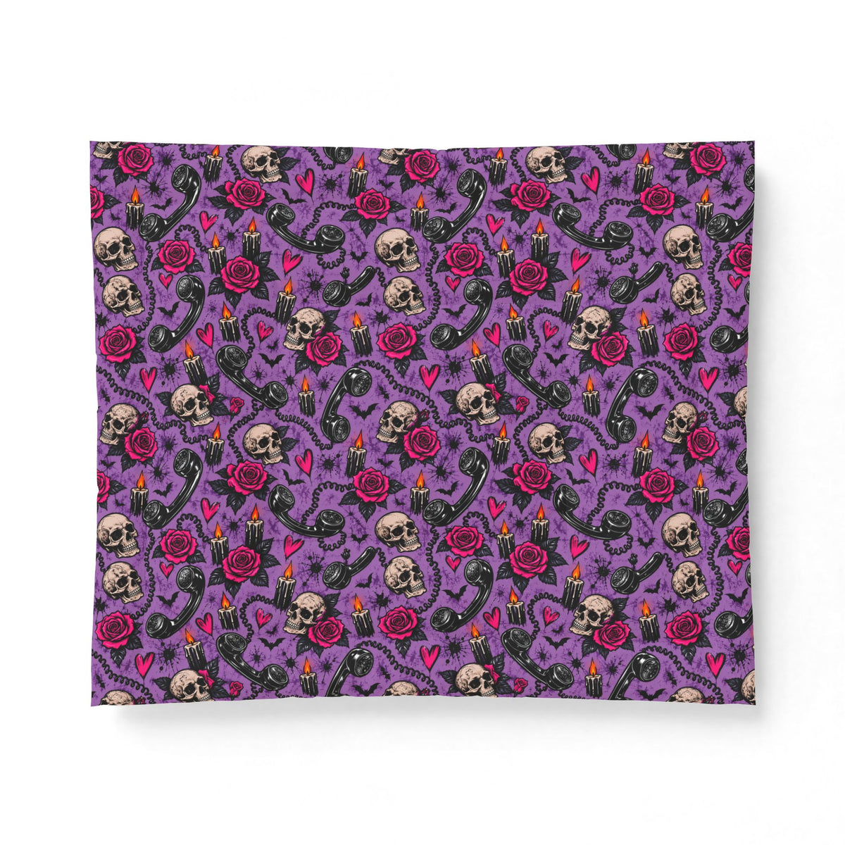 Karma’s Calling Comforter | Gothic Halloween Bedding with Skulls, Phones & Roses by Subbin4Sanity