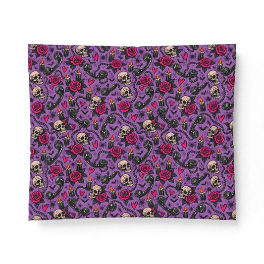 Karma’s Calling Comforter | Gothic Halloween Bedding with Skulls, Phones & Roses by Subbin4Sanity