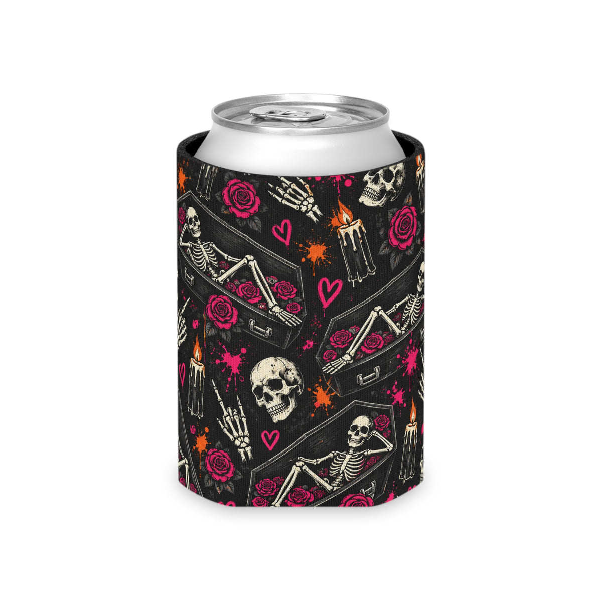 Dead & Unbothered Pattern Foam Grip Koozie | Gothic Skeleton Can Cooler by Subbin4Sanity