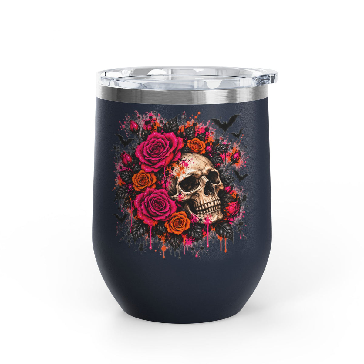 Deadly Blooms 12oz Wine Tumbler | Gothic Floral Skull Stainless Steel Cup by Subbin4Sanity