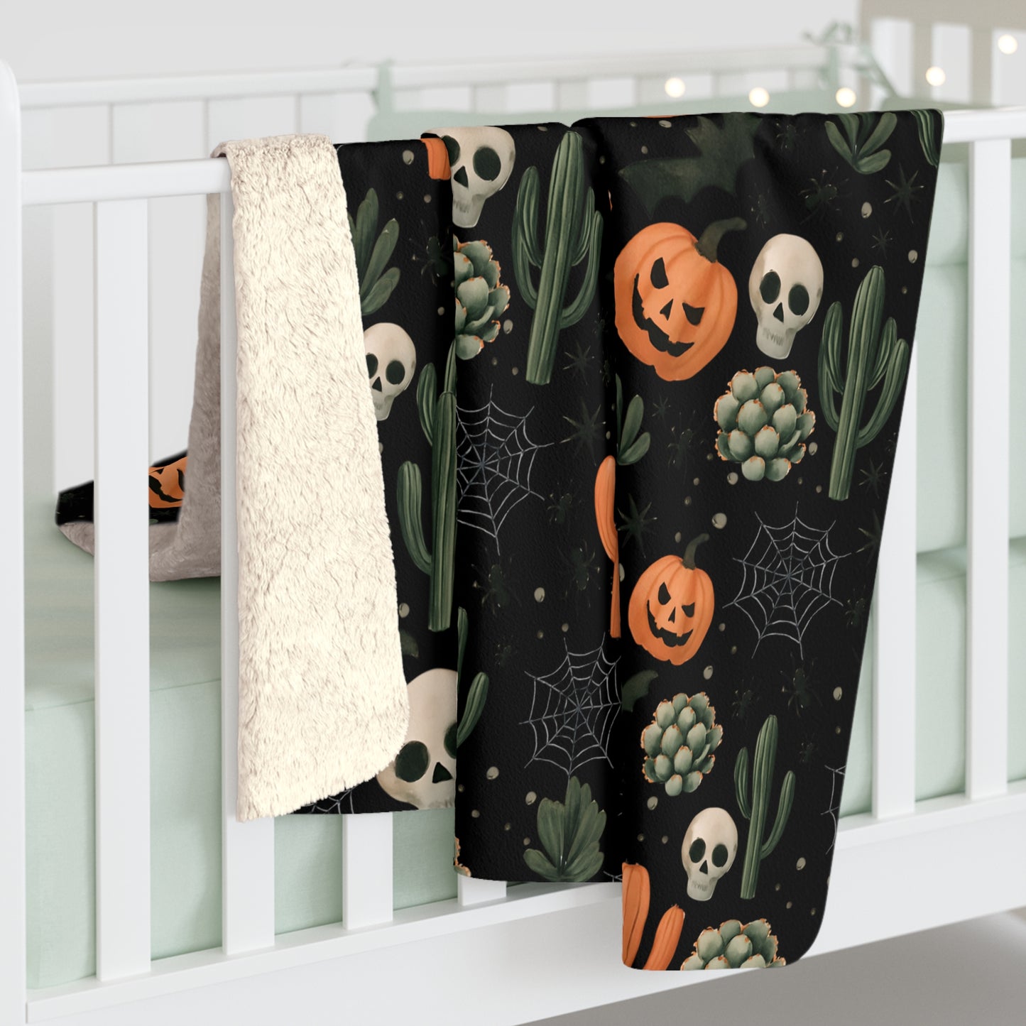 Black Boho Halloween Sherpa Fleece Blanket - Pumpkins, Spiders, Webs, Cactus, Cozy Fall Home Decor, Gothic Halloween Decor, Halloween