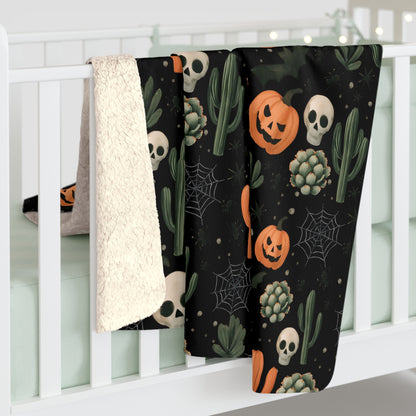 Black Boho Halloween Sherpa Fleece Blanket - Pumpkins, Spiders, Webs, Cactus, Cozy Fall Home Decor, Gothic Halloween Decor, Halloween