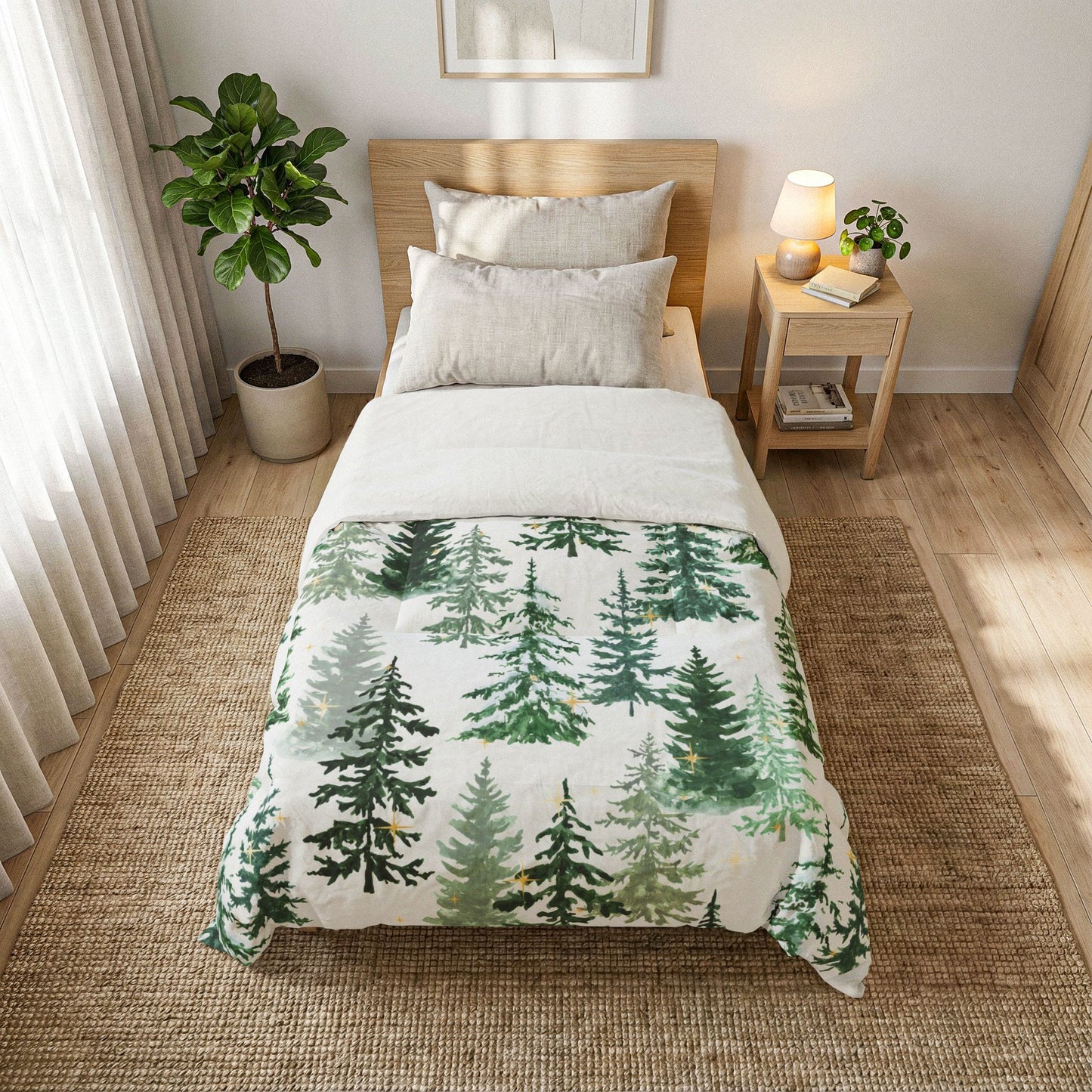 Winter Woods Comforter Blanket | Christmas Pine Forest Cotton Comforter – Green Watercolor Evergreen Bedding by Subbin4Sanity