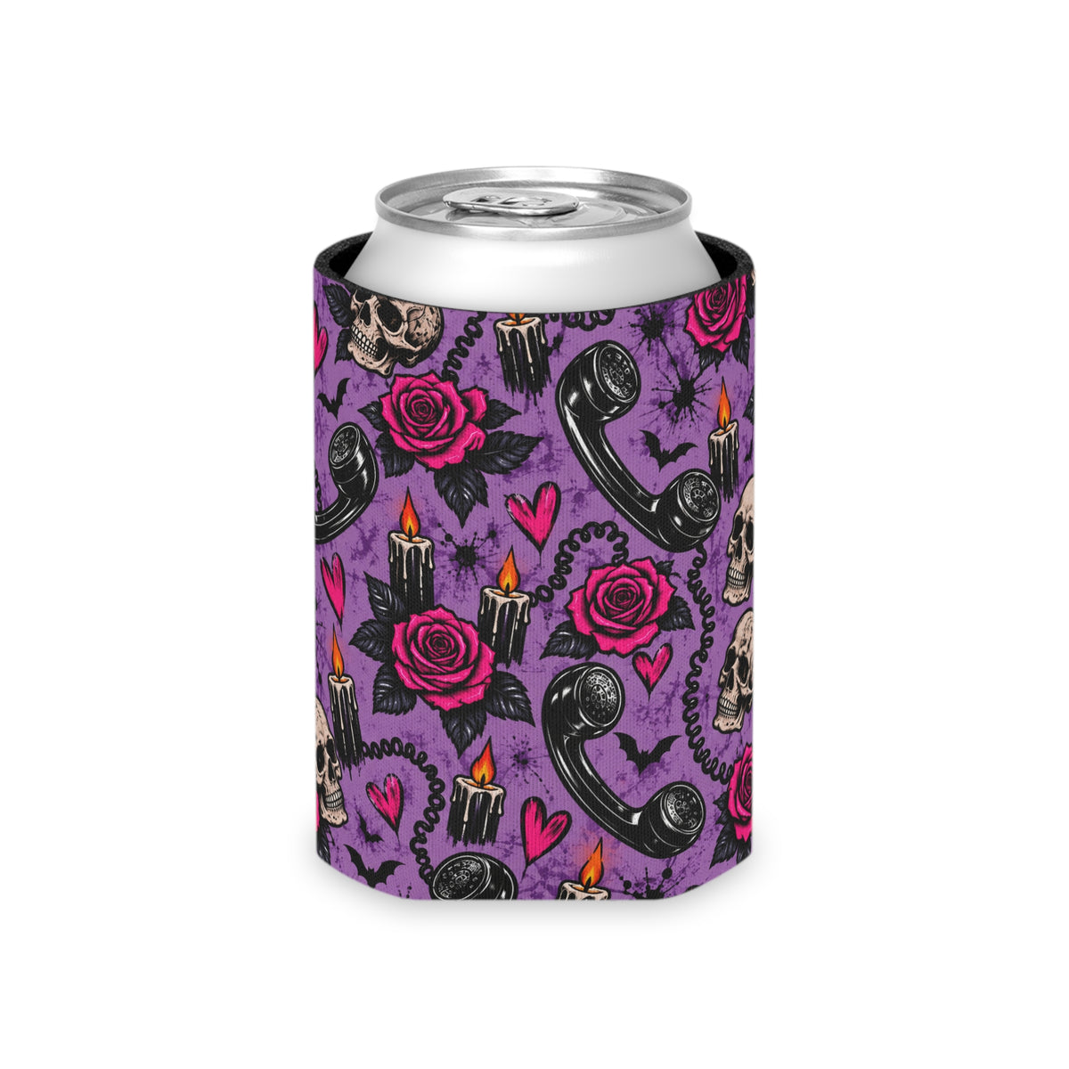 Karma’s Calling Pattern Foam Grip Koozie | Gothic Telephone & Rose Can Cooler by Subbin4Sanity