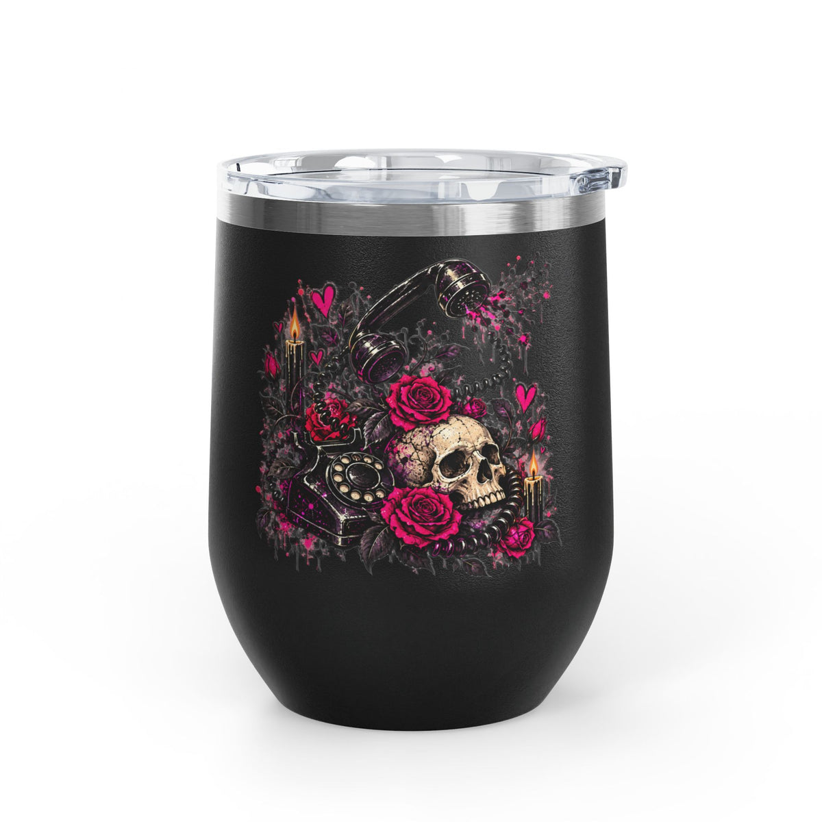 Karma’s Calling 12oz Wine Tumbler | Gothic Skull & Telephone Stainless Steel Cup by Subbin4Sanity