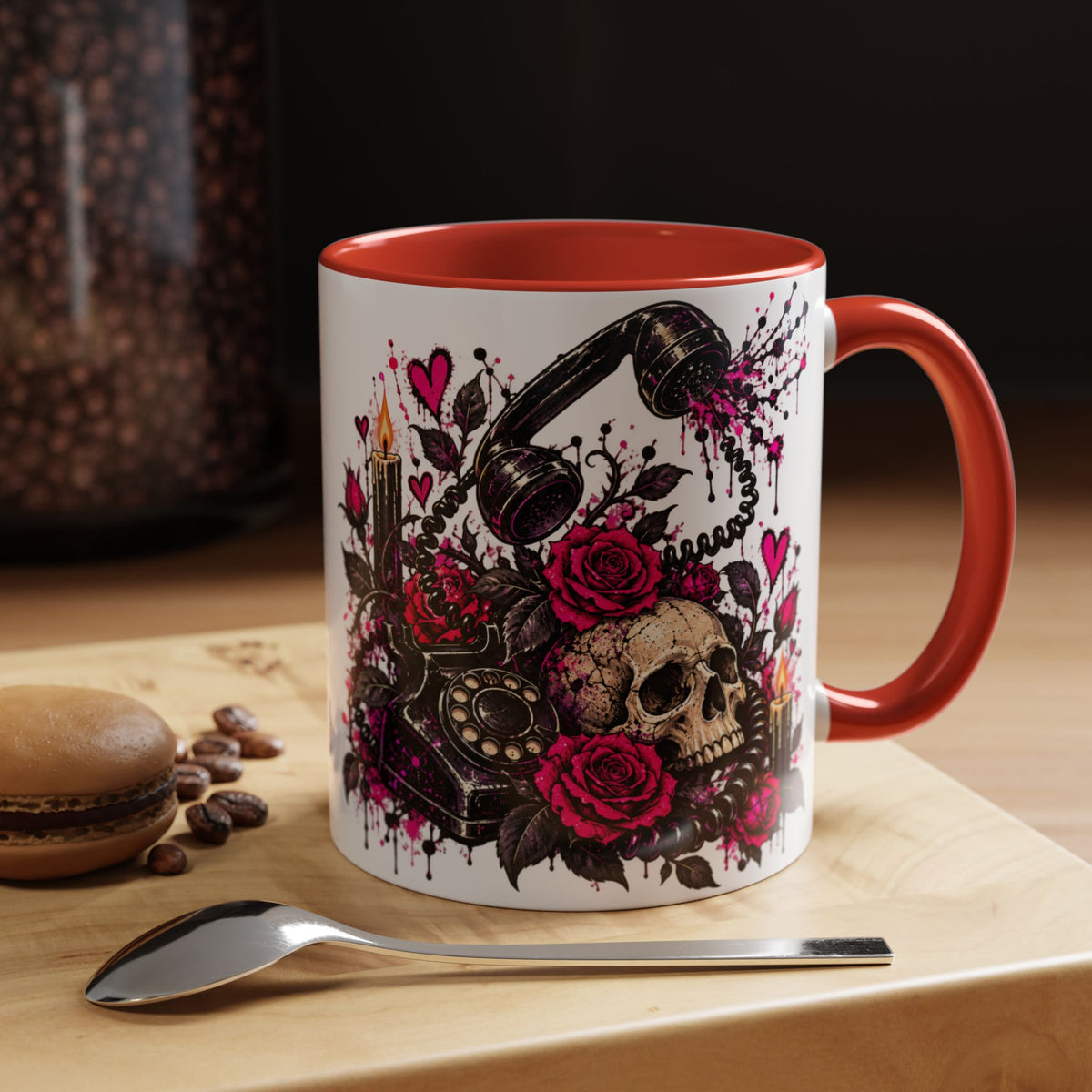 Karma’s Calling Coffee Mug | Gothic Skull & Telephone Ceramic Mug by Subbin4Sanity