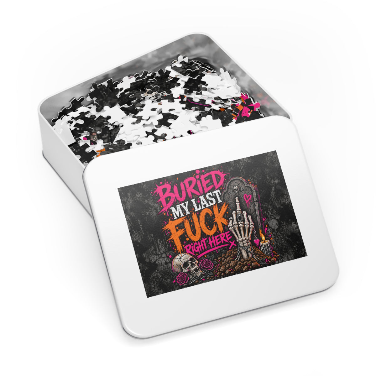 I Buried My Last Fuck Right Here Halloween Jigsaw Puzzle | Sarcastic Gothic Skull Puzzle by Subbin4Sanity