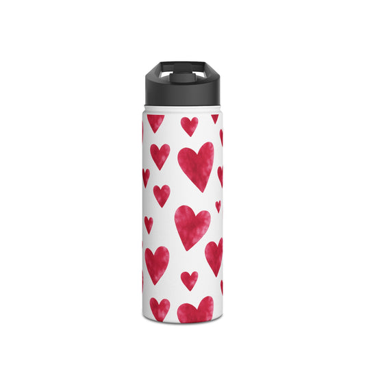 Red Watercolor Heart Patterned Stainless Steel Valentines Water Bottle — Valentine's Day Water Bottle