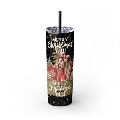 Christmas Skinny Tumbler with Straw, 20oz, "Merry Christmas Yall/I'm a gift"
