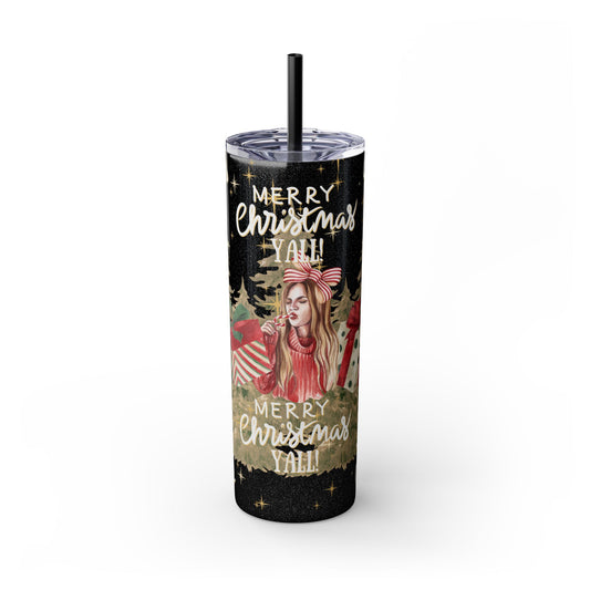 Christmas Skinny Tumbler with Straw, 20oz, "Merry Christmas Yall/I'm a gift"