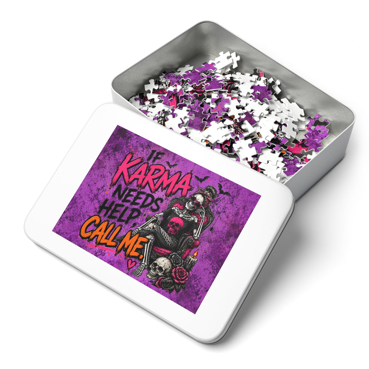 If Karma Needs Help, Call Me Halloween Jigsaw Puzzle | Sarcastic Gothic Skull Puzzle by Subbin4Sanity