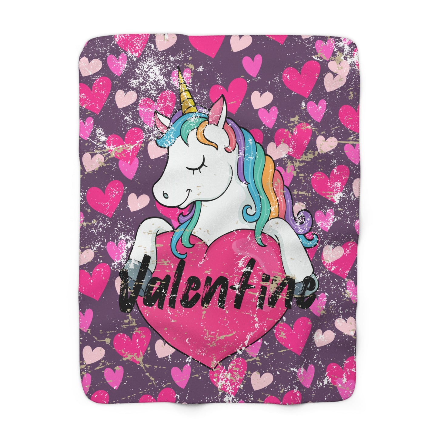 Purple Valentine’s unicorn sherpa fleece blanket with pink hearts
