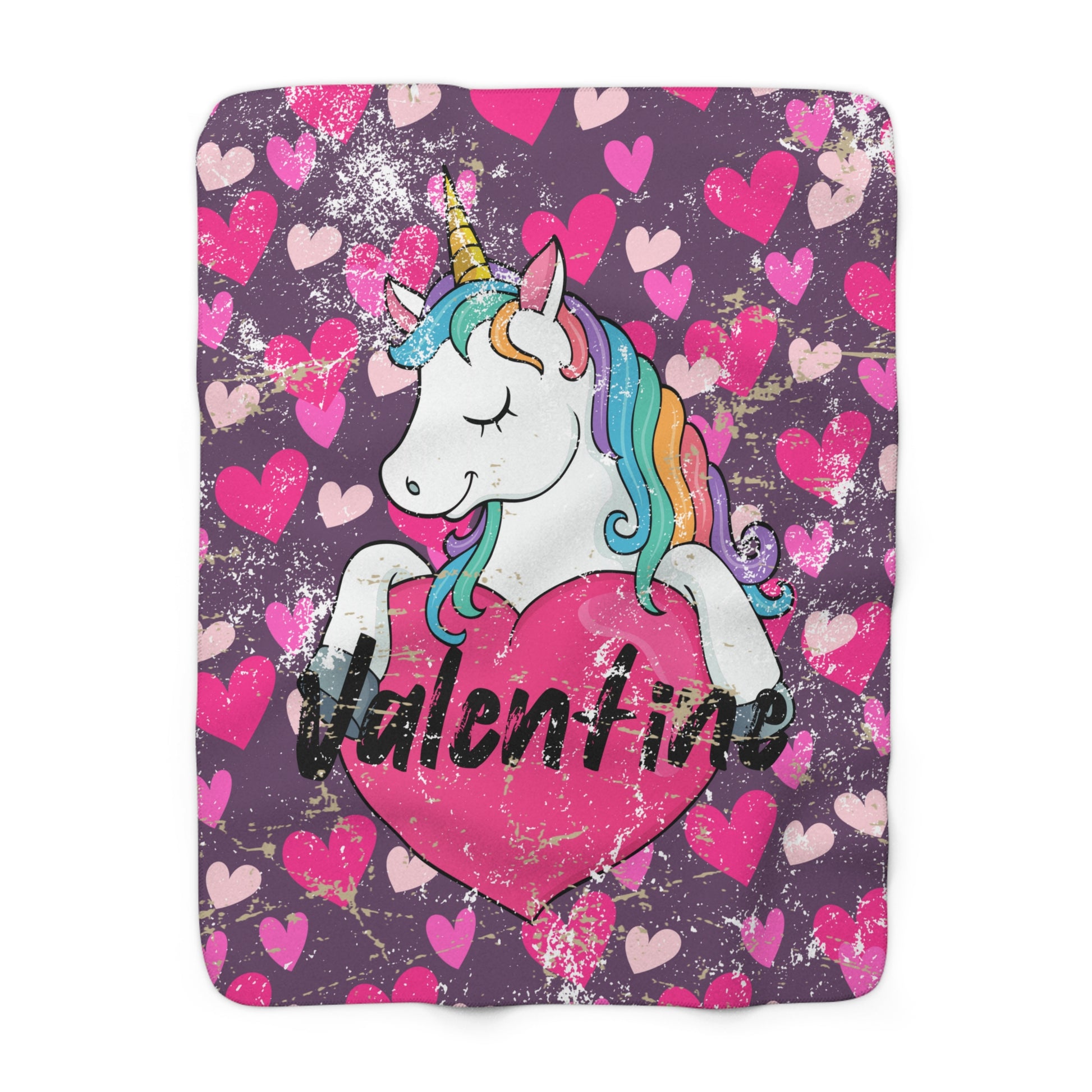 Purple Valentine’s unicorn sherpa fleece blanket with pink hearts