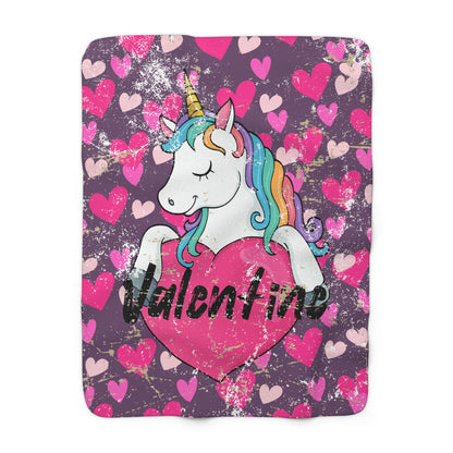 Purple Valentine’s unicorn sherpa fleece blanket with pink hearts