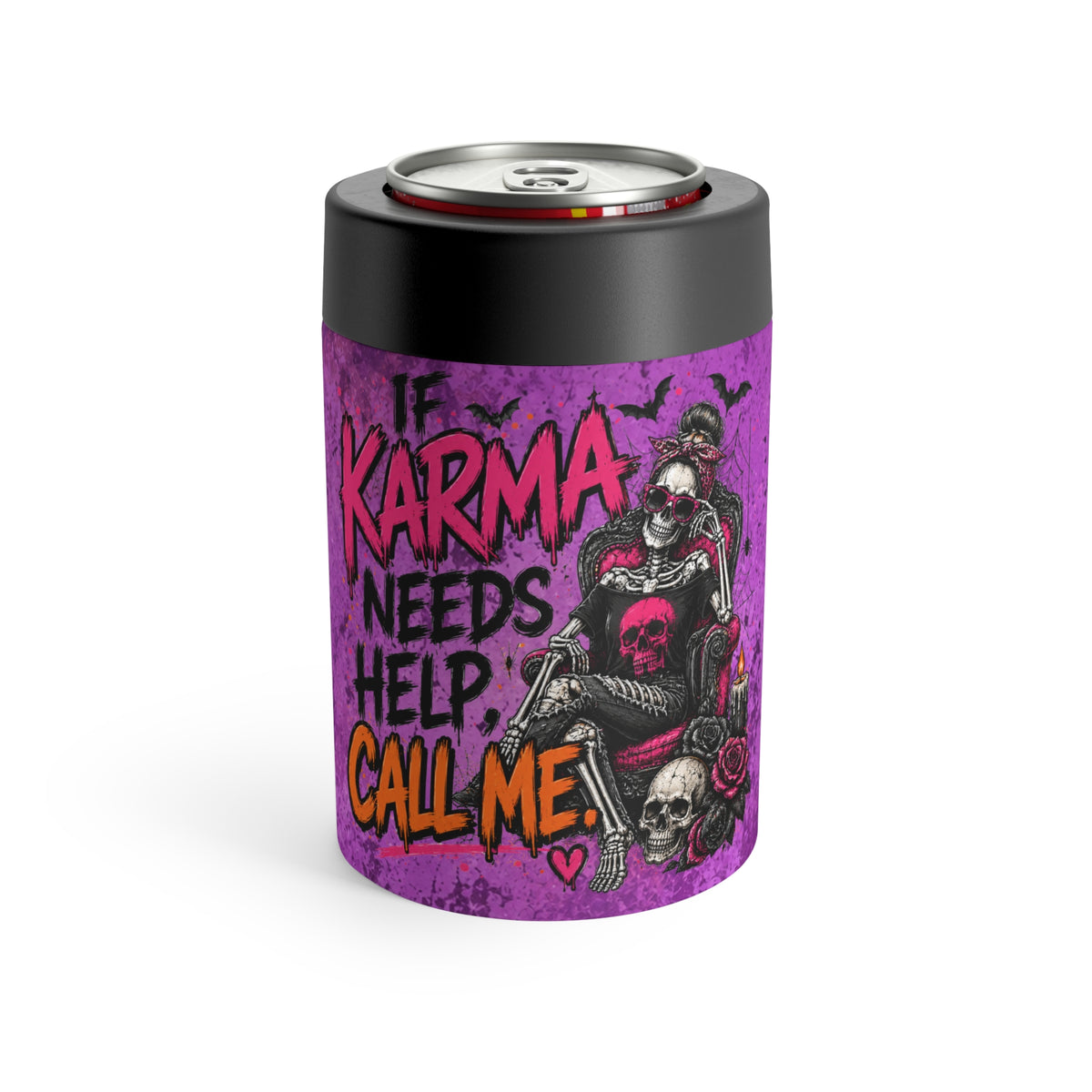 If Karma Needs Help Call Me 12oz Insulated Stainless Steel Koozie | Sassy Skeleton Can Cooler by Subbin4Sanity