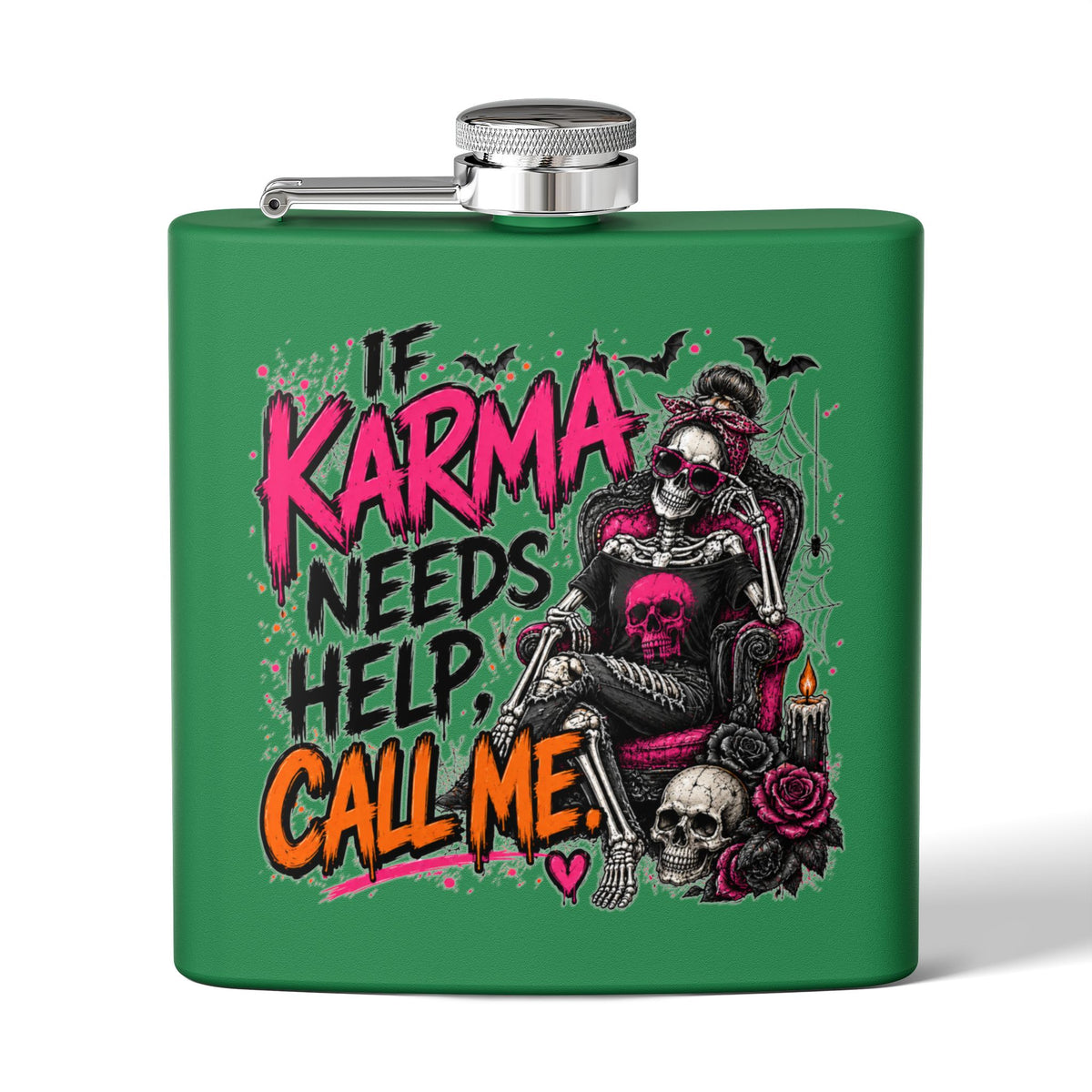 If Karma Needs Help, Call Me 6oz Stainless Steel Flask | Sarcastic Gothic Drinking Flask by Subbin4Sanity