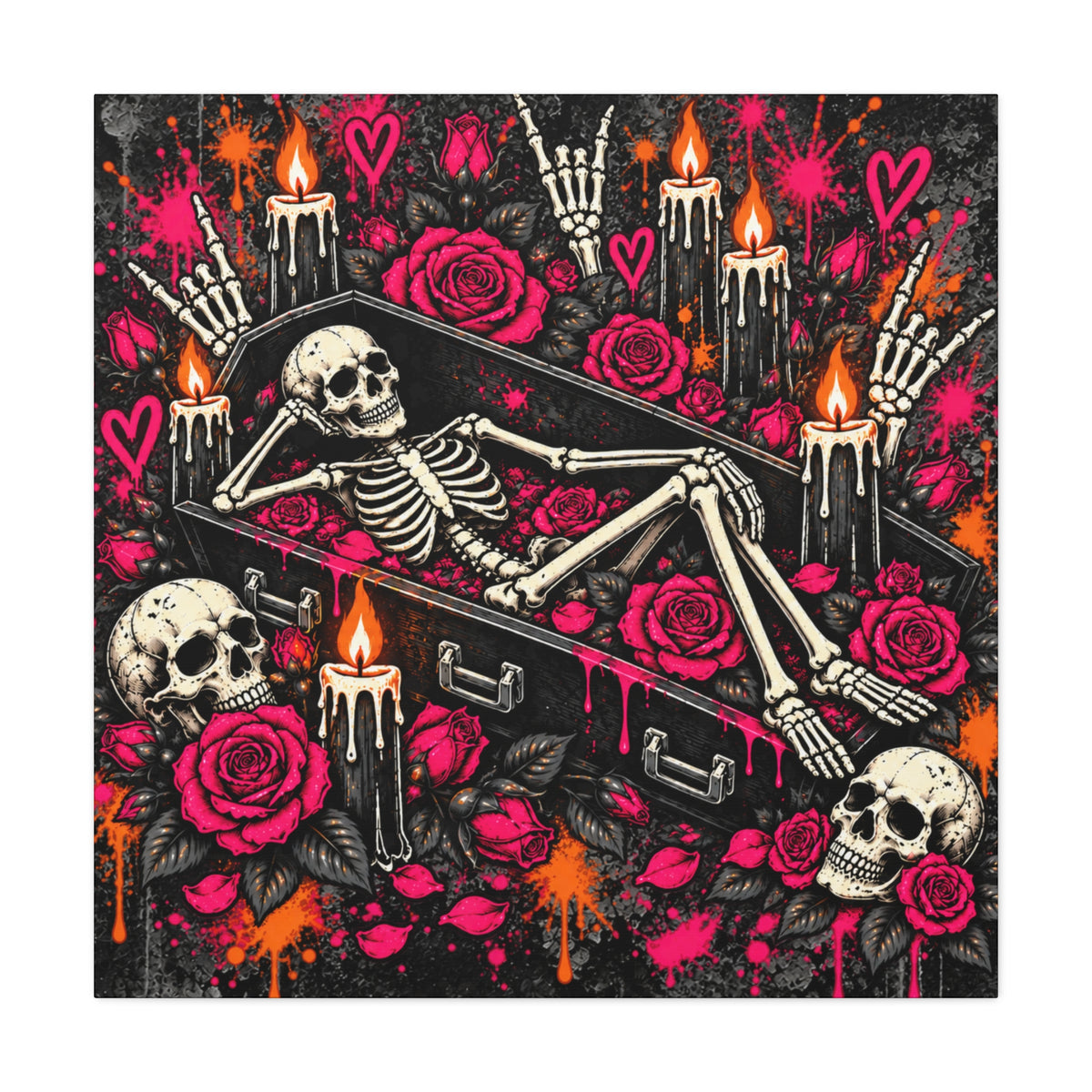 Dead & Unbothered Halloween Canvas | Gothic Skeleton, Coffin & Rose Wall Art by Subbin4Sanity