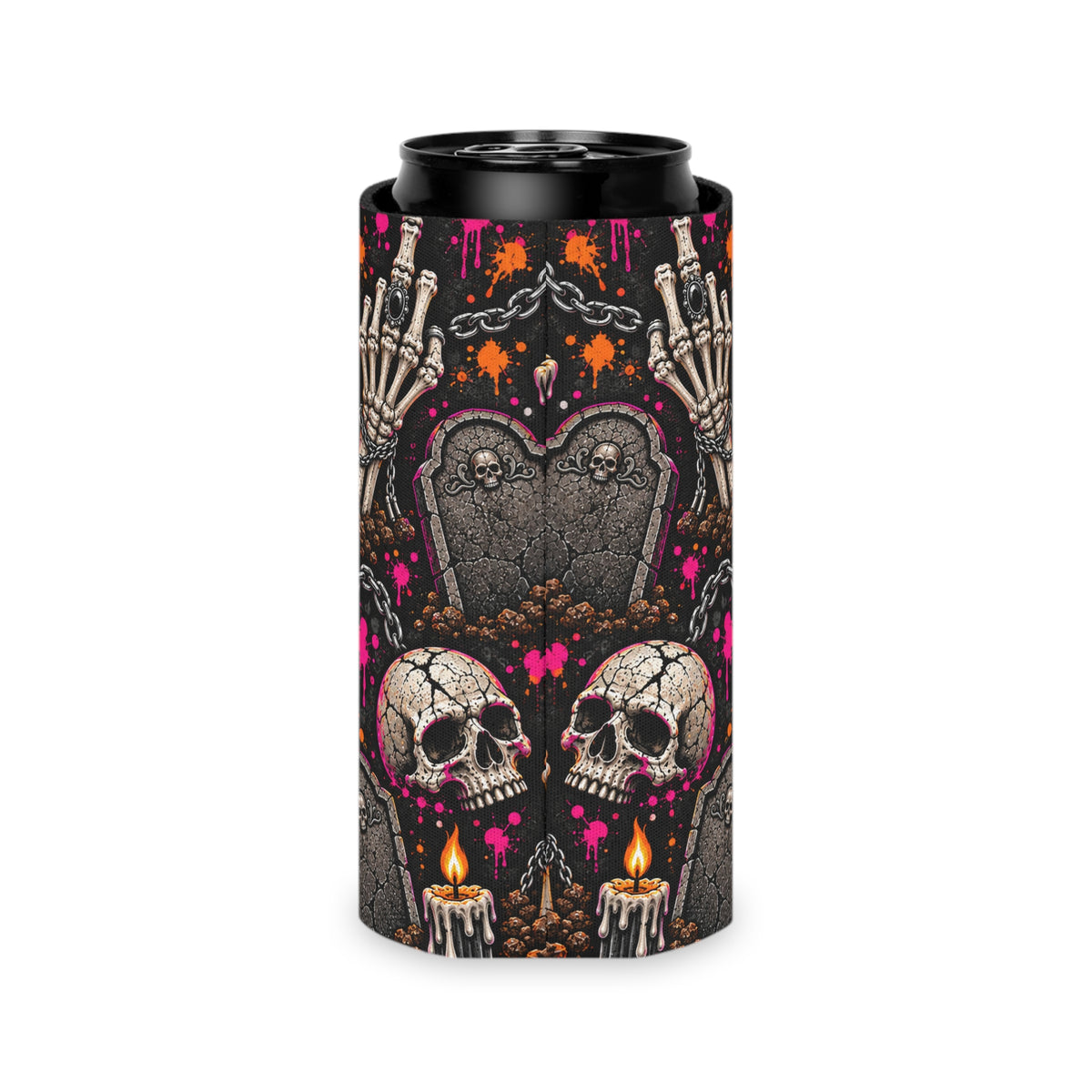 Dirt & Defiance Pattern Foam Grip Koozie | Gothic Skeleton & Floral Can Cooler by Subbin4Sanity